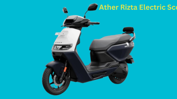 Side view of the Ather Rizta electric scooter in a vibrant color, featuring a modern design with a long, comfortable seat, sleek LED headlight, and TFT display. The scooter highlights its advanced features like traction control, hill-hold, and a spacious 56-liter storage capacity. Ideal for city commuting with its 80 km/h top speed and efficient battery options