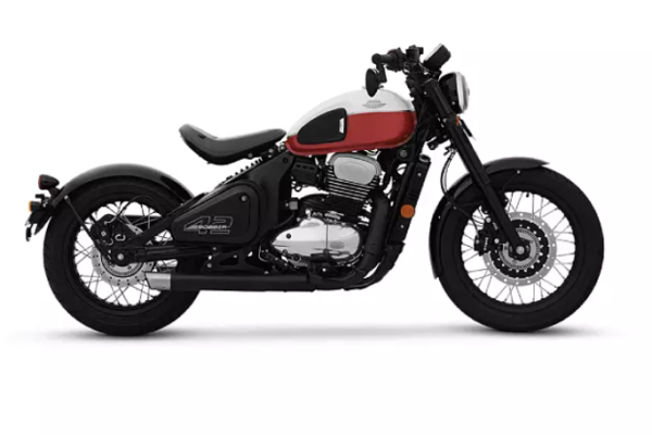 Jawa 42 Bobber, a stylish single-seater motorcycle with a retro-inspired design, featuring a teardrop-shaped fuel tank, round headlamp, wide handlebars, and vibrant color options