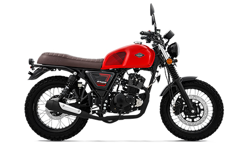 Keeway SR 125 motorcycle showcasing its retro-inspired design, featuring a round headlamp, ribbed seat, and block-pattern tires, available in glossy white, glossy red, and glossy black color options.