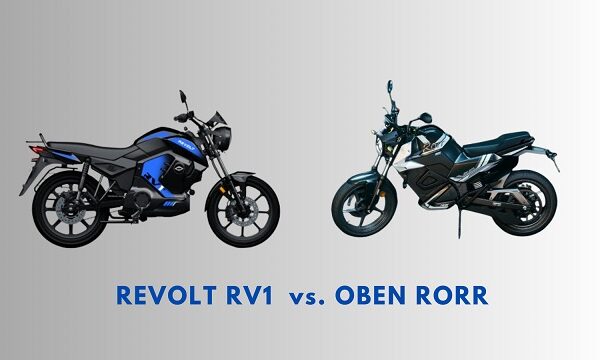 Comparison of the Oben Rorr EZ and Revolt RV1 electric motorcycles highlighting performance, range, charging time, warranty details, and key features like riding modes, design, and price differences