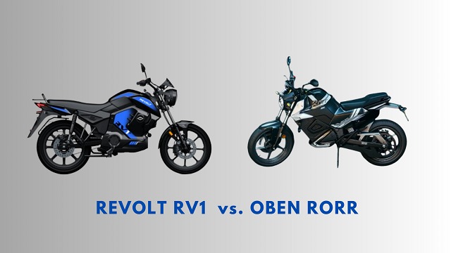 Comparison of the Oben Rorr EZ and Revolt RV1 electric motorcycles highlighting performance, range, charging time, warranty details, and key features like riding modes, design, and price differences