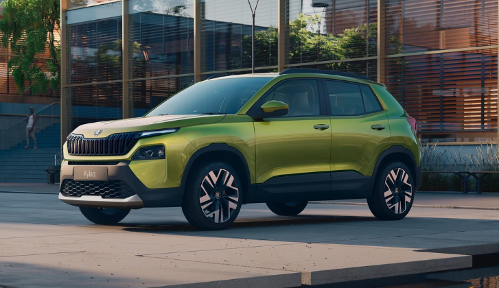 The Skoda Kylaq compact SUV in a bold, muscular design showcases Skoda Kylaq features such as a 10.1-inch infotainment display, striking color options, and robust safety features, making it ideal for Indian road conditions.